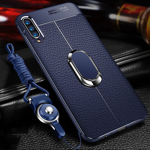 Coque Silicone Gel Motif Cuir Housse Etui avec Support Bague Anneau Aimante Magnetique pour Samsung Galaxy A70 Bleu