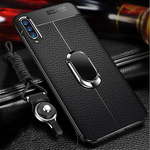 Coque Silicone Gel Motif Cuir Housse Etui avec Support Bague Anneau Aimante Magnetique pour Samsung Galaxy A90 5G Noir