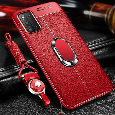 Coque Silicone Gel Motif Cuir Housse Etui avec Support Bague Anneau Aimante Magnetique pour Samsung Galaxy F52 5G Rouge