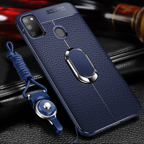 Coque Silicone Gel Motif Cuir Housse Etui avec Support Bague Anneau Aimante Magnetique pour Samsung Galaxy M30s Bleu