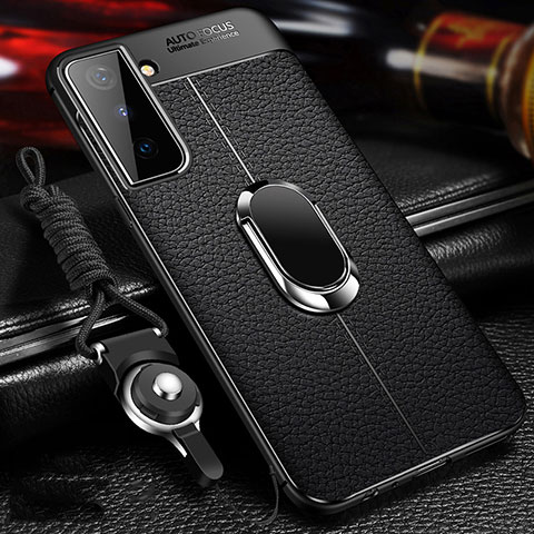 Coque Silicone Gel Motif Cuir Housse Etui avec Support Bague Anneau Aimante Magnetique pour Samsung Galaxy S21 5G Noir