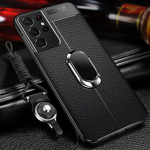 Coque Silicone Gel Motif Cuir Housse Etui avec Support Bague Anneau Aimante Magnetique pour Samsung Galaxy S23 Ultra 5G Noir