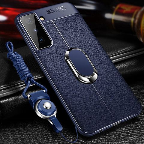 Coque Silicone Gel Motif Cuir Housse Etui avec Support Bague Anneau Aimante Magnetique pour Samsung Galaxy S24 5G Bleu