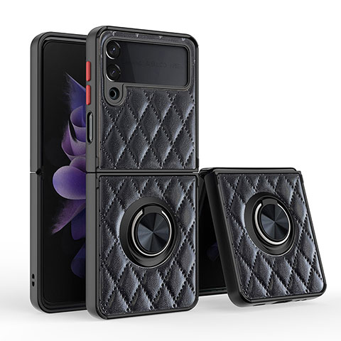 Coque Silicone Gel Motif Cuir Housse Etui avec Support Bague Anneau Aimante Magnetique pour Samsung Galaxy Z Flip3 5G Noir