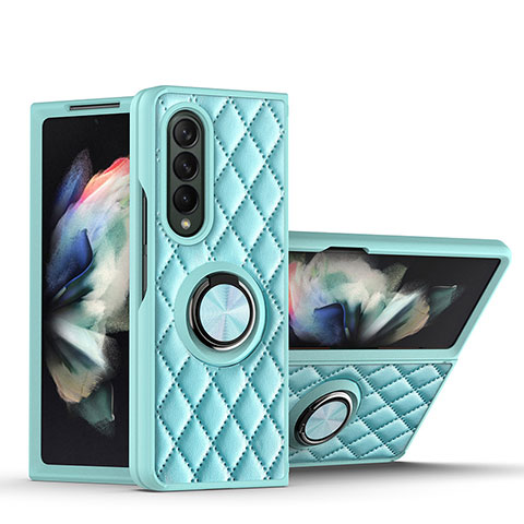 Coque Silicone Gel Motif Cuir Housse Etui avec Support Bague Anneau Aimante Magnetique pour Samsung Galaxy Z Fold3 5G Bleu Clair