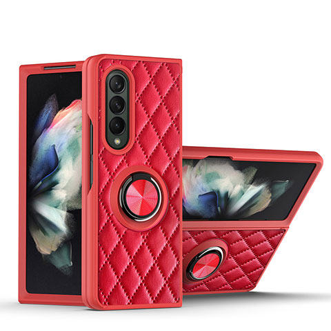 Coque Silicone Gel Motif Cuir Housse Etui avec Support Bague Anneau Aimante Magnetique pour Samsung Galaxy Z Fold3 5G Rouge