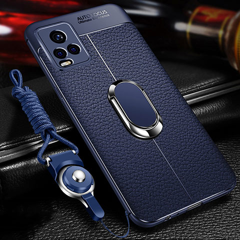 Coque Silicone Gel Motif Cuir Housse Etui avec Support Bague Anneau Aimante Magnetique pour Vivo iQOO 7 Legend 5G Bleu