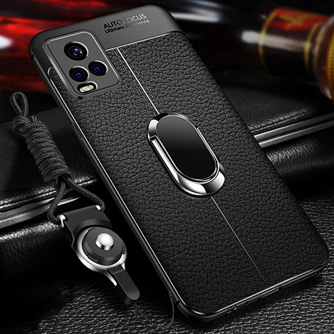 Coque Silicone Gel Motif Cuir Housse Etui avec Support Bague Anneau Aimante Magnetique pour Vivo iQOO 7 Legend 5G Noir