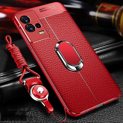 Coque Silicone Gel Motif Cuir Housse Etui avec Support Bague Anneau Aimante Magnetique pour Vivo iQOO 8 Pro 5G Rouge