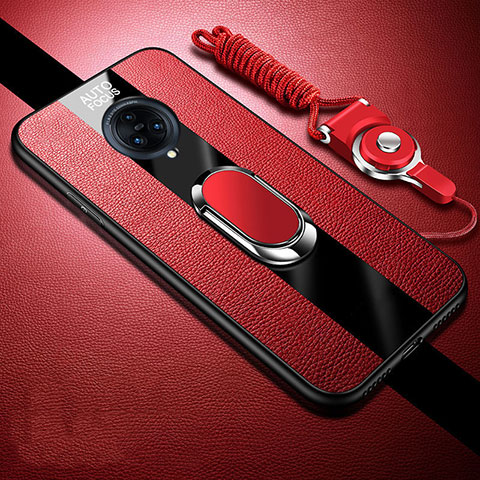 Coque Silicone Gel Motif Cuir Housse Etui avec Support Bague Anneau Aimante Magnetique pour Vivo Nex 3 Rouge