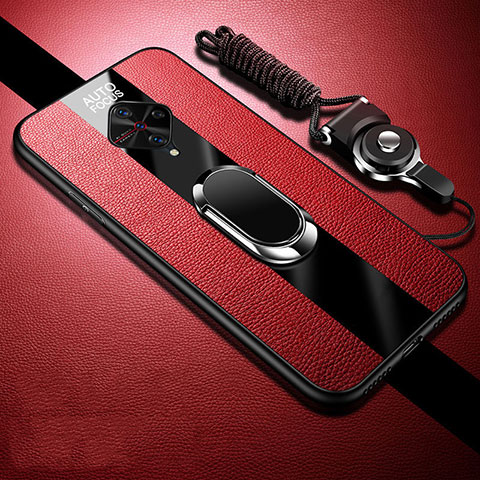 Coque Silicone Gel Motif Cuir Housse Etui avec Support Bague Anneau Aimante Magnetique pour Vivo S1 Pro Rouge