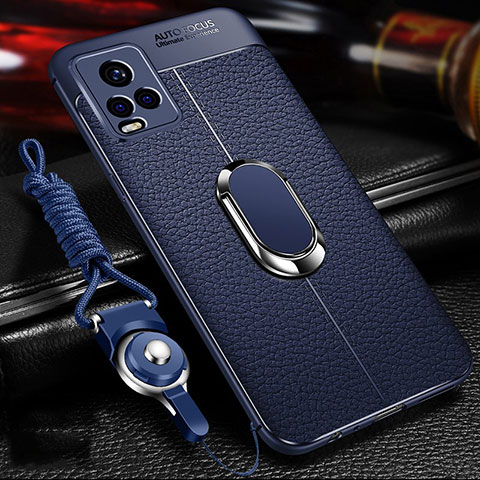 Coque Silicone Gel Motif Cuir Housse Etui avec Support Bague Anneau Aimante Magnetique pour Vivo V20 Pro 5G Bleu