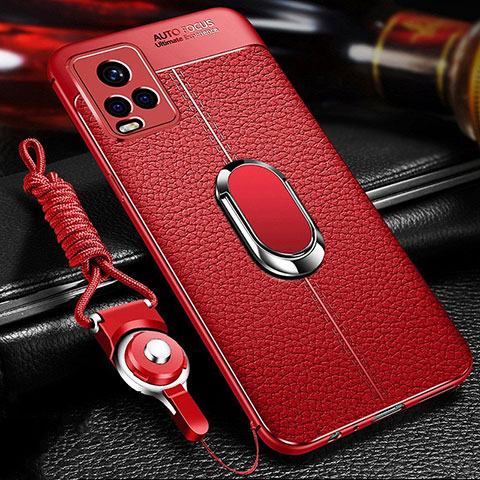 Coque Silicone Gel Motif Cuir Housse Etui avec Support Bague Anneau Aimante Magnetique pour Vivo V20 Pro 5G Rouge