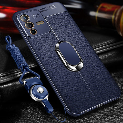 Coque Silicone Gel Motif Cuir Housse Etui avec Support Bague Anneau Aimante Magnetique pour Vivo V23 Pro 5G Bleu