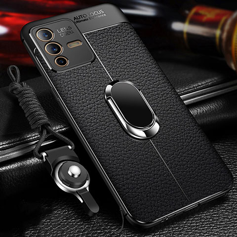 Coque Silicone Gel Motif Cuir Housse Etui avec Support Bague Anneau Aimante Magnetique pour Vivo V23 Pro 5G Noir