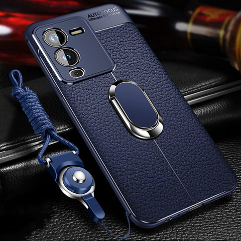 Coque Silicone Gel Motif Cuir Housse Etui avec Support Bague Anneau Aimante Magnetique pour Vivo V25 Pro 5G Bleu