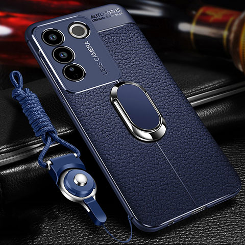 Coque Silicone Gel Motif Cuir Housse Etui avec Support Bague Anneau Aimante Magnetique pour Vivo V27e 5G Bleu