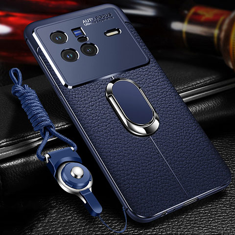 Coque Silicone Gel Motif Cuir Housse Etui avec Support Bague Anneau Aimante Magnetique pour Vivo X80 5G Bleu