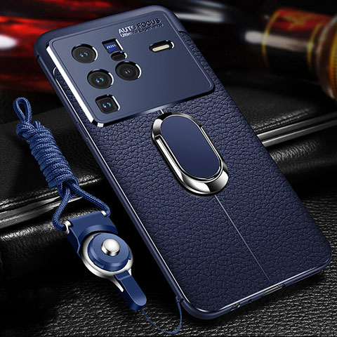 Coque Silicone Gel Motif Cuir Housse Etui avec Support Bague Anneau Aimante Magnetique pour Vivo X80 Pro 5G Bleu