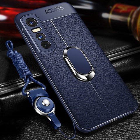 Coque Silicone Gel Motif Cuir Housse Etui avec Support Bague Anneau Aimante Magnetique pour Vivo Y73s 5G Bleu