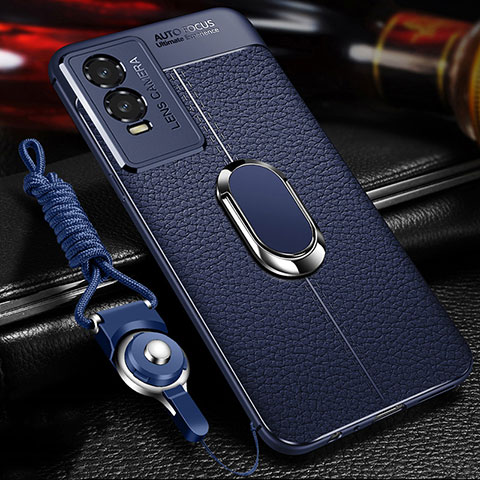 Coque Silicone Gel Motif Cuir Housse Etui avec Support Bague Anneau Aimante Magnetique pour Vivo Y74s 5G Bleu