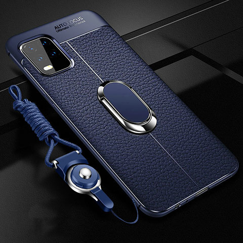 Coque Silicone Gel Motif Cuir Housse Etui avec Support Bague Anneau Aimante Magnetique pour Xiaomi Mi 10 Lite Bleu