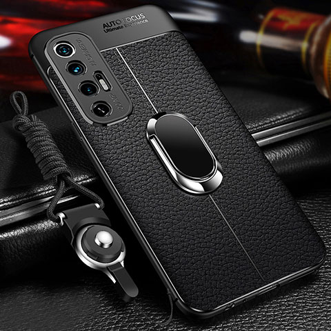 Coque Silicone Gel Motif Cuir Housse Etui avec Support Bague Anneau Aimante Magnetique pour Xiaomi Mi 10S 5G Noir