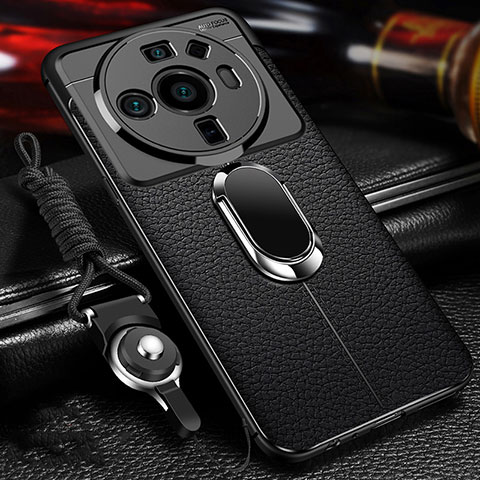 Coque Silicone Gel Motif Cuir Housse Etui avec Support Bague Anneau Aimante Magnetique pour Xiaomi Mi 12S Ultra 5G Noir