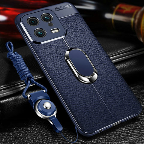 Coque Silicone Gel Motif Cuir Housse Etui avec Support Bague Anneau Aimante Magnetique pour Xiaomi Mi 13 Pro 5G Bleu