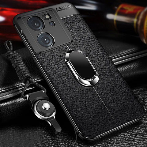 Coque Silicone Gel Motif Cuir Housse Etui avec Support Bague Anneau Aimante Magnetique pour Xiaomi Mi 13T 5G Noir