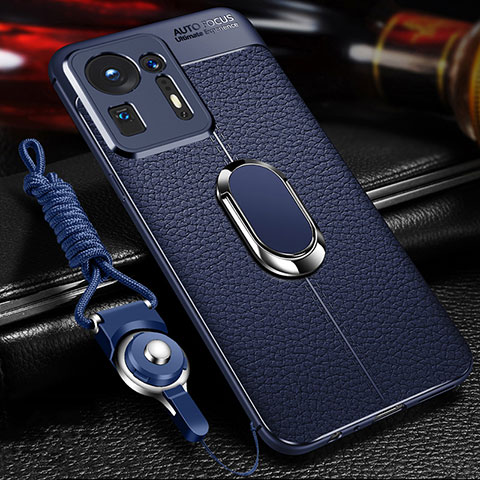 Coque Silicone Gel Motif Cuir Housse Etui avec Support Bague Anneau Aimante Magnetique pour Xiaomi Mi Mix 4 5G Bleu