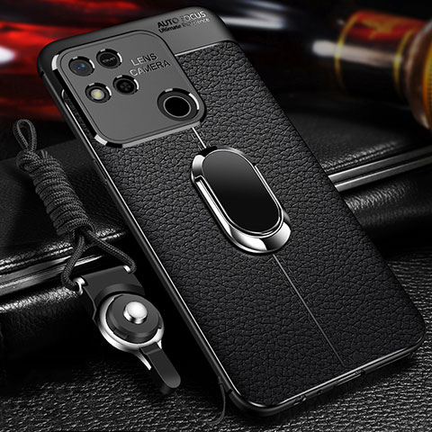 Coque Silicone Gel Motif Cuir Housse Etui avec Support Bague Anneau Aimante Magnetique pour Xiaomi POCO C3 Noir