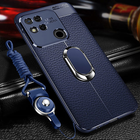 Coque Silicone Gel Motif Cuir Housse Etui avec Support Bague Anneau Aimante Magnetique pour Xiaomi POCO C31 Bleu