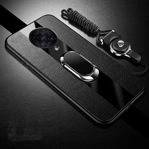 Coque Silicone Gel Motif Cuir Housse Etui avec Support Bague Anneau Aimante Magnetique pour Xiaomi Poco F2 Pro Noir