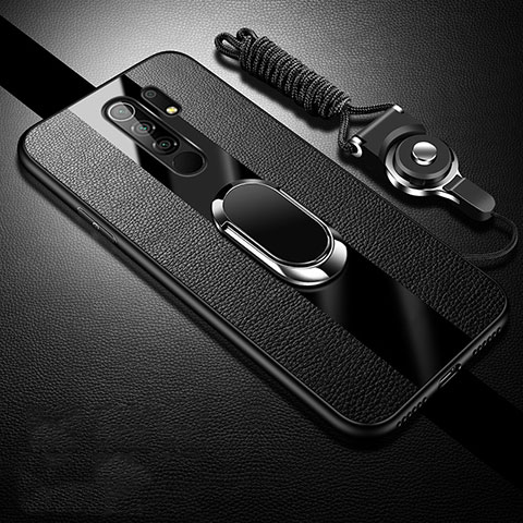 Coque Silicone Gel Motif Cuir Housse Etui avec Support Bague Anneau Aimante Magnetique pour Xiaomi Poco M2 Noir