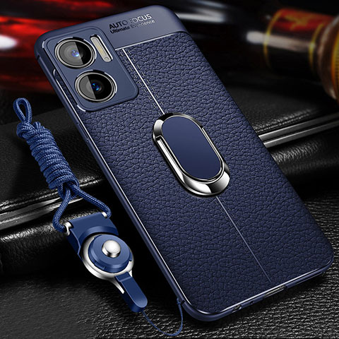 Coque Silicone Gel Motif Cuir Housse Etui avec Support Bague Anneau Aimante Magnetique pour Xiaomi Redmi 10 5G Bleu