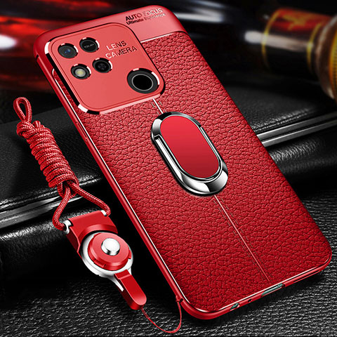 Coque Silicone Gel Motif Cuir Housse Etui avec Support Bague Anneau Aimante Magnetique pour Xiaomi Redmi 10A 4G Rouge