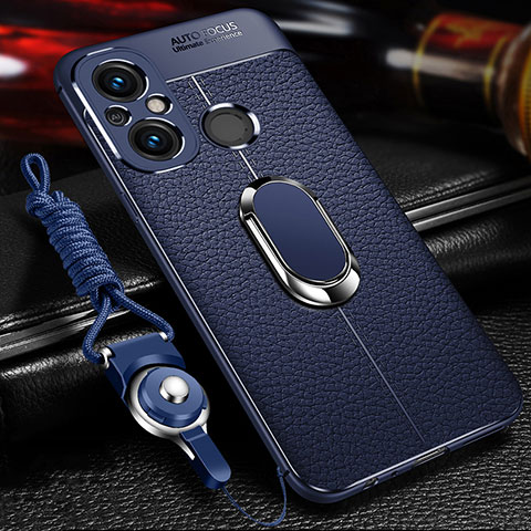 Coque Silicone Gel Motif Cuir Housse Etui avec Support Bague Anneau Aimante Magnetique pour Xiaomi Redmi 11A 4G Bleu