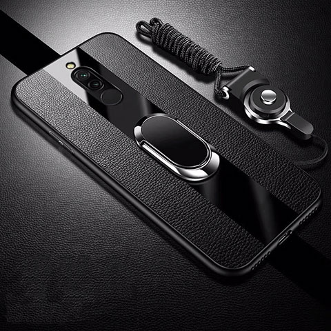 Coque Silicone Gel Motif Cuir Housse Etui avec Support Bague Anneau Aimante Magnetique pour Xiaomi Redmi 8 Noir