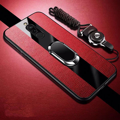 Coque Silicone Gel Motif Cuir Housse Etui avec Support Bague Anneau Aimante Magnetique pour Xiaomi Redmi 8 Rouge