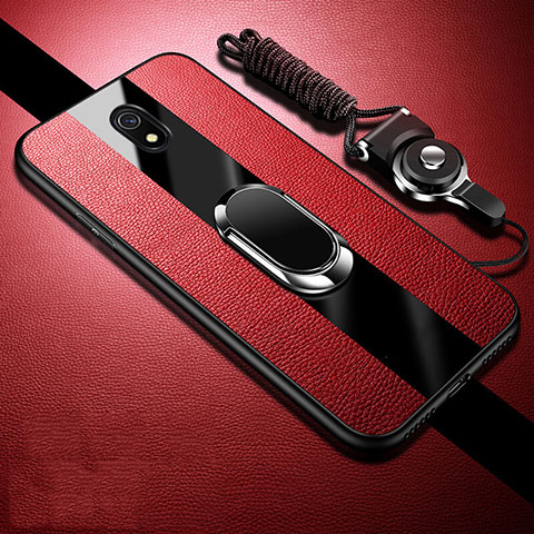 Coque Silicone Gel Motif Cuir Housse Etui avec Support Bague Anneau Aimante Magnetique pour Xiaomi Redmi 8A Rouge