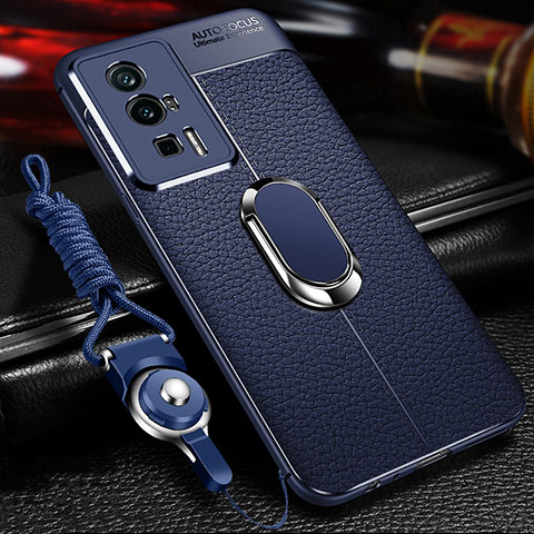 Coque Silicone Gel Motif Cuir Housse Etui avec Support Bague Anneau Aimante Magnetique pour Xiaomi Redmi K60 5G Bleu