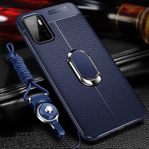 Coque Silicone Gel Motif Cuir Housse Etui avec Support Bague Anneau Aimante Magnetique pour Xiaomi Redmi Note 11 SE 5G Bleu