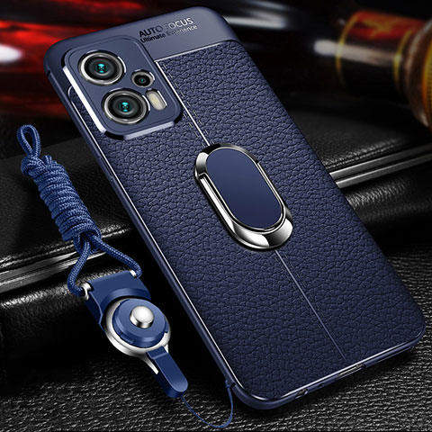 Coque Silicone Gel Motif Cuir Housse Etui avec Support Bague Anneau Aimante Magnetique pour Xiaomi Redmi Note 11T Pro 5G Bleu