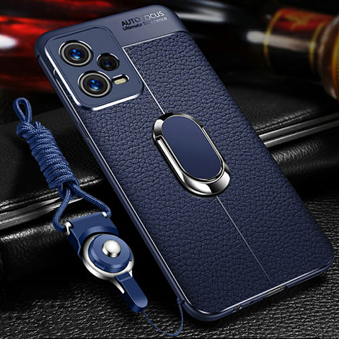 Coque Silicone Gel Motif Cuir Housse Etui avec Support Bague Anneau Aimante Magnetique pour Xiaomi Redmi Note 12 Explorer Bleu