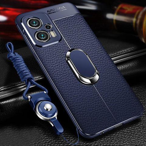 Coque Silicone Gel Motif Cuir Housse Etui avec Support Bague Anneau Aimante Magnetique pour Xiaomi Redmi Note 12 Turbo 5G Bleu