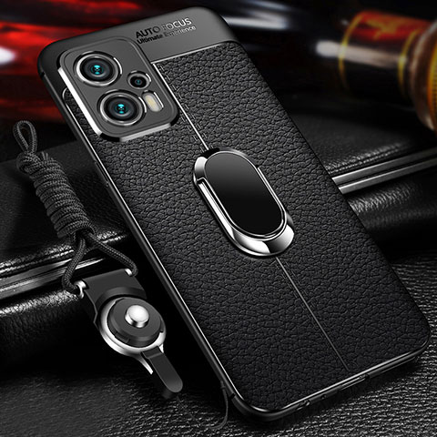 Coque Silicone Gel Motif Cuir Housse Etui avec Support Bague Anneau Aimante Magnetique pour Xiaomi Redmi Note 12 Turbo 5G Noir