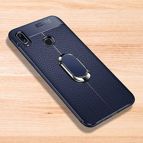 Coque Silicone Gel Motif Cuir Housse Etui avec Support Bague Anneau Aimante Magnetique pour Xiaomi Redmi Note 7 Pro Bleu