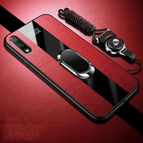 Coque Silicone Gel Motif Cuir Housse Etui avec Support Bague Anneau Aimante Magnetique S01 pour Huawei Enjoy 10 Rouge