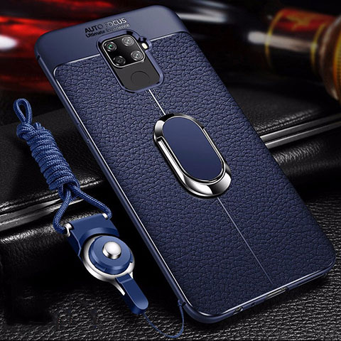 Coque Silicone Gel Motif Cuir Housse Etui avec Support Bague Anneau Aimante Magnetique S01 pour Huawei Mate 30 Lite Bleu